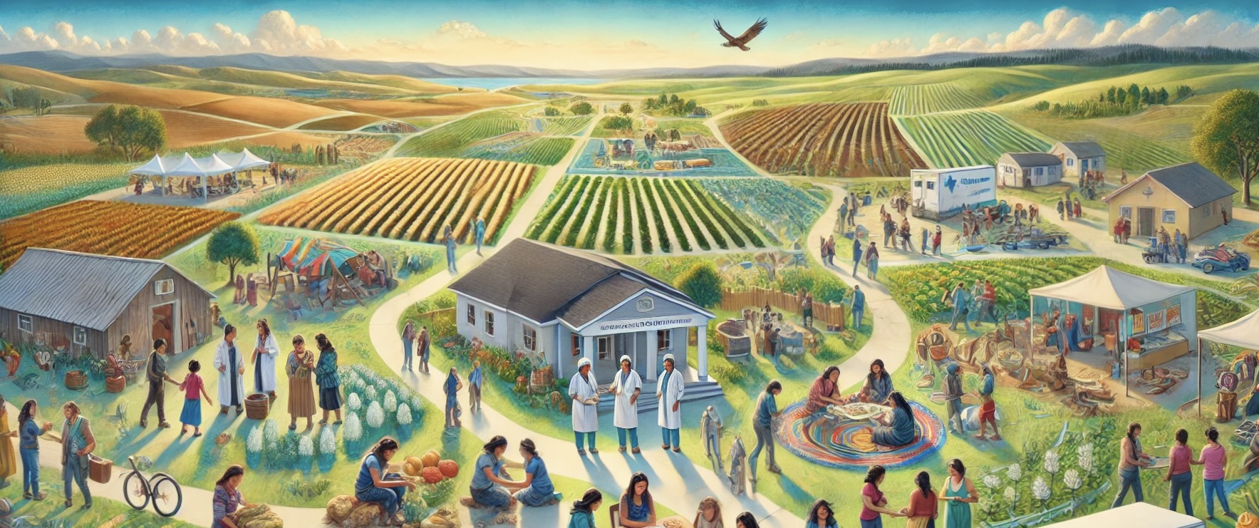 A wide landscape-oriented illustration depicting various community care and support activities related to anti-trafficking efforts. The scene includes individuals sharing a community meal under an open pavilion, healthcare professionals providing assistance, agricultural workers in a field, and people engaging in cultural expression through art and music. The background features open fields, a community center, and pathways connecting these activities, symbolizing interconnectedness. The colors are warm and inviting, with soft greens, blues, and earthy tones, evoking a sense of hope, unity, and resilience.